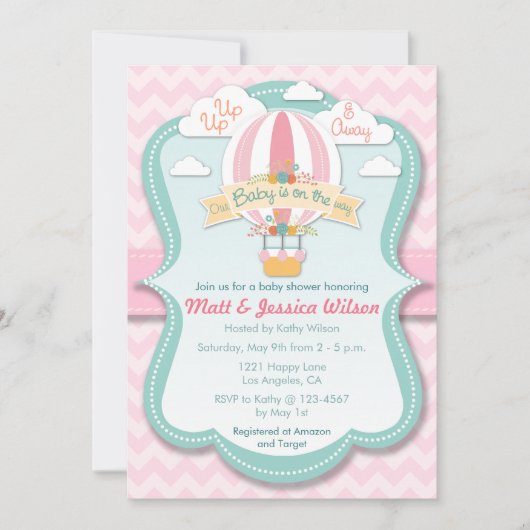 Invitation Baby shower des filles de ballons à air (Devant)