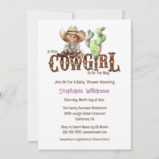 Invitation Baby shower des filles de cactus du désert de cowg (Devant)