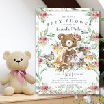 Invitation Baby shower des filles des amis de Woodland<br><div class="desc">Design baby shower mignon avec un ours le plus doux assis sur une souche d'arbre entouré d'un cerf, d'un raton laveur, d'un écureuil, d'un renard, d'un orignal et d'un renard. Encadré de feuilles d'aquarelle verte naturelle sur un arrière - plan blanc. Retournez notre invitation pour voir une feuille verte assortie...</div>