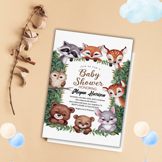 Invitation Baby shower des filles des animaux des bois