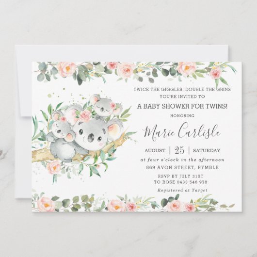 Invitation Baby shower des filles Koala Twin (Devant)