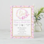 Invitation Baby shower des filles papillons rose et pourpre (Debout devant)