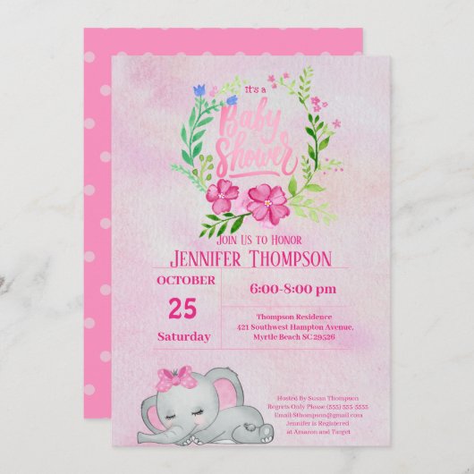 Invitation Baby shower des filles rose éléphant (Devant / Derrière)