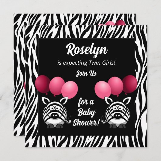 Invitation Baby shower des filles roses Zebra Twins (Devant / Derrière)