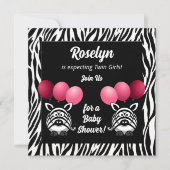Invitation Baby shower des filles roses Zebra Twins (Devant)