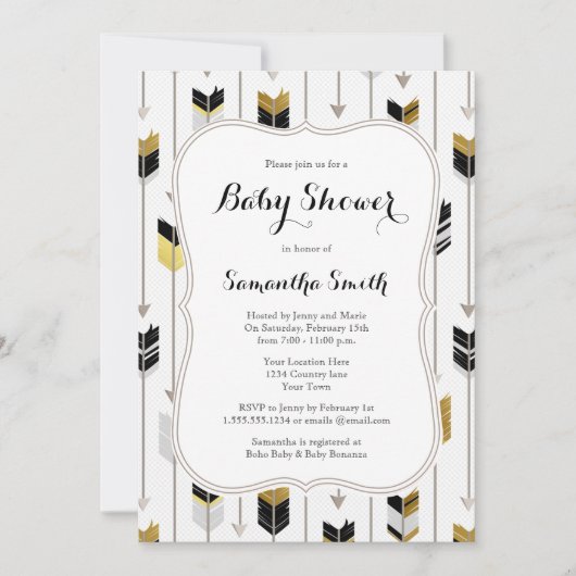 Invitation Baby shower des flèches tribal Black Gold Grey (Devant)