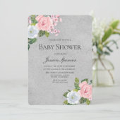 Invitation Baby shower des fleurs d'argent et de b (Debout devant)