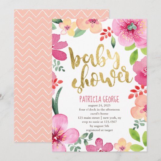 Invitation Baby shower des fleurs roses (Devant / Derrière)