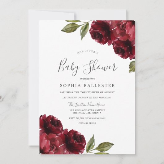Invitation Baby shower des fleurs rouges bordeaux neutres (Devant)