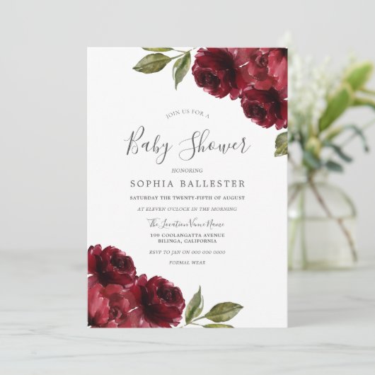 Invitation Baby shower des fleurs rouges bordeaux neutres (Debout devant)