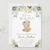 Invitation Baby shower des fleurs vert et ivoire de l'ours (Devant)