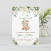 Invitation Baby shower des fleurs vert et ivoire de l'ours (Debout devant)
