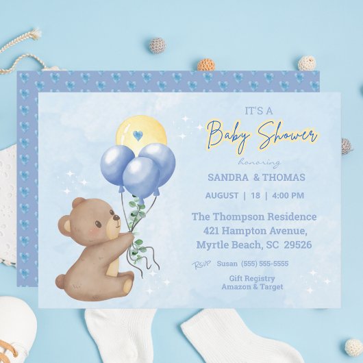 Invitation Baby shower des garçons de ballons d'ours en peluc