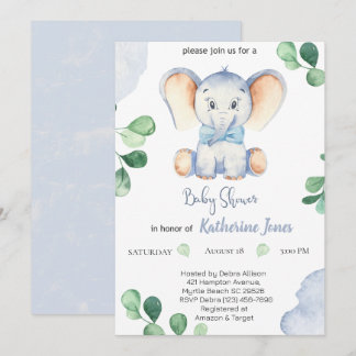 Invitation Baby shower des garçons Eléphant Bleu