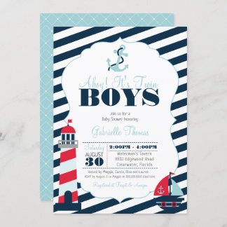 Invitation Baby shower des jumeaux bleus de la marine Ahoy