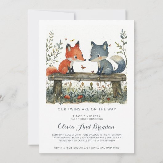 Invitation Baby shower des jumeaux de la forêt de Woodland (Devant)
