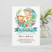 Invitation Baby shower des jumeaux de singes tropicaux (Debout devant)