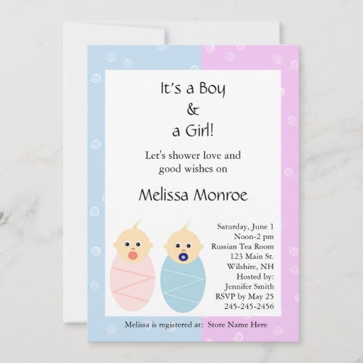 Invitation Baby shower des jumeaux roses et bleus (Devant)