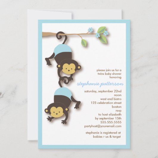 Invitation Baby shower des Monkey Twin Boys (Devant)