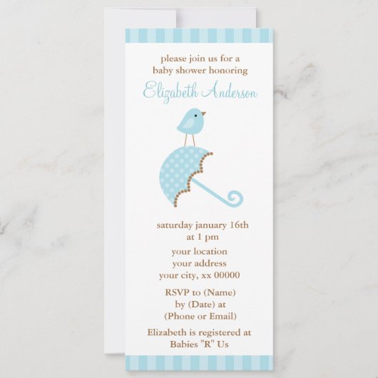 Invitation Baby shower des oiseaux aux parapluies bleues (Devant)