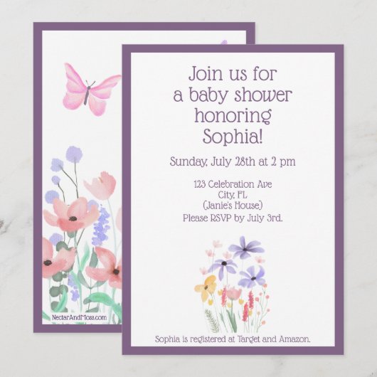 Invitation Baby shower des papillons et des fleurs simplifié (Devant / Derrière)
