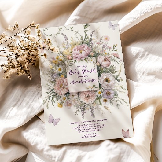 Invitation Baby shower des papillons Fleurs sauvages Boho