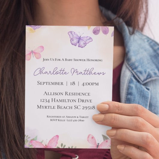 Invitation Baby shower des papillons rose violet filles
