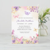 Invitation Baby shower des papillons rose violet filles (Debout devant)