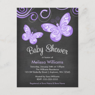 Invitation Baby shower des percées de papillon mauve en table