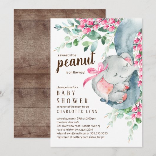 Invitation Baby shower des petites filles éléphantes d'arachi (Devant / Derrière)