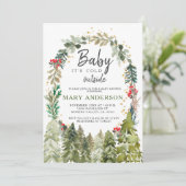 Invitation Baby shower des pins d'hiver aux fleurs vertes (Debout devant)