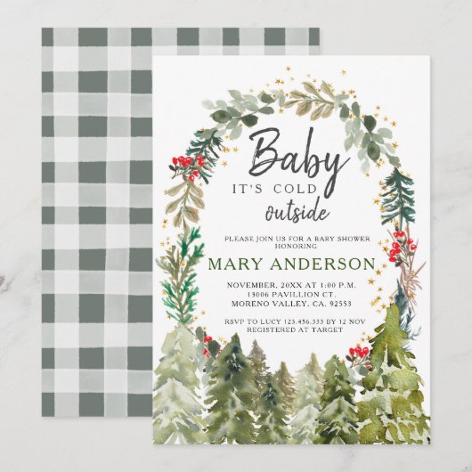 Invitation Baby shower des pins d'hiver aux fleurs vertes (Devant / Derrière)
