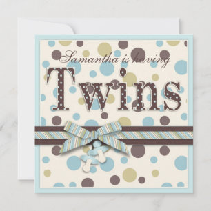 Invitation Baby shower des points Brown de Sage Bleu de TWIN 