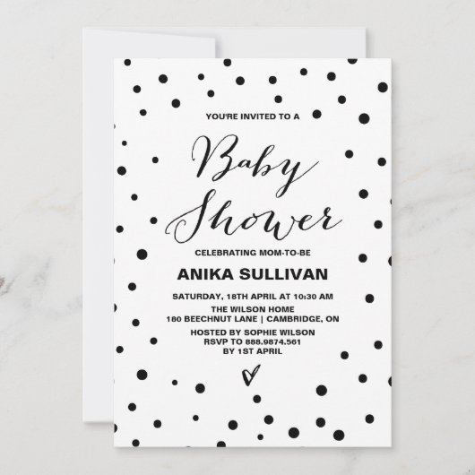 Invitation Baby shower des points Confetti noir et blanc (Devant)