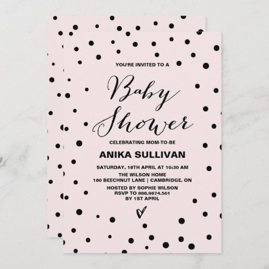 Invitation Baby shower des points Confetti Noir et Blush (Devant / Derrière)