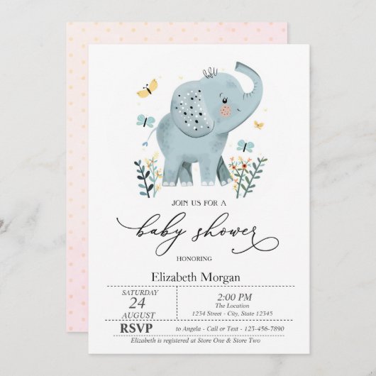 Invitation Baby shower des points de papillon bleu bébé éléph (Devant / Derrière)