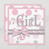 Invitation Baby shower des points gris-rose de la FILLE (Devant / Derrière)