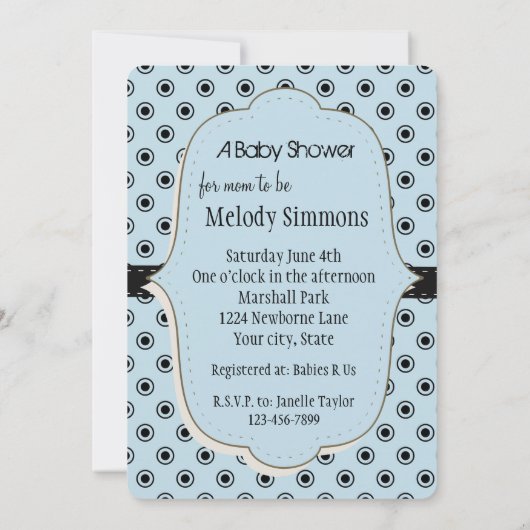 Invitation Baby shower des points noirs bleus (Dos)