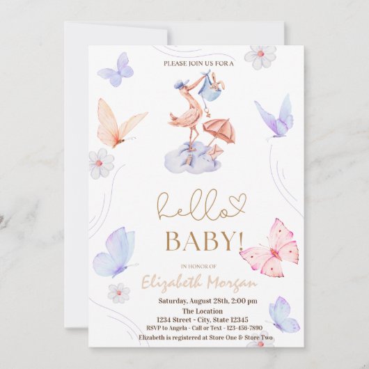 Invitation Baby shower des points papillon de la cigogne d'aq (Devant)