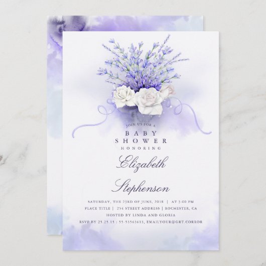 Invitation Baby shower des prêteurs | Floral pourpre (Devant / Derrière)