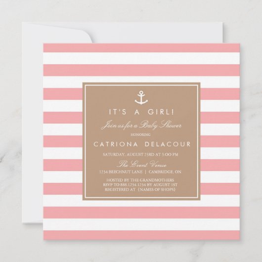 Invitation Baby shower des rayures nasales roses (Devant)