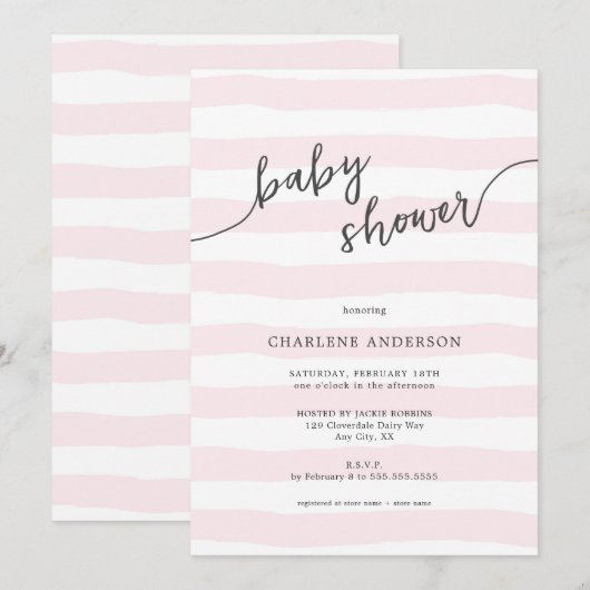 Invitation Baby shower des rayures roses tombées (Devant / Derrière)