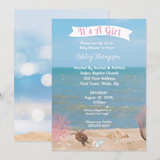Invitation Baby shower des tortues de mer (Devant / Derrière)