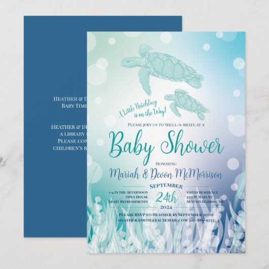 Invitation Baby shower des tortues de mer sous la mer (Devant / Derrière)