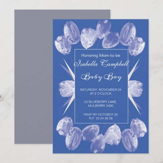 Invitation Baby shower des tulipes bleues (Devant / Derrière)