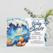 Invitation Baby shower des vagues nautiques modernes (Debout devant)