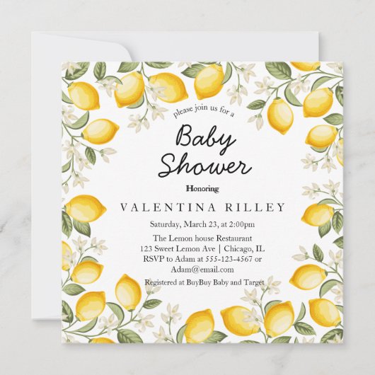 Invitation Baby shower d'été aux agrumes de citron doux Carré (Devant)
