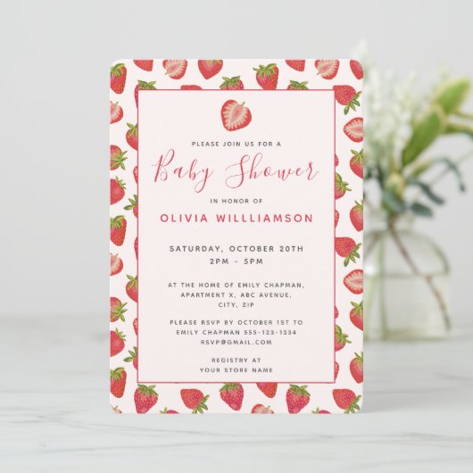 Invitation Baby shower d'été aux fraises (Debout devant)
