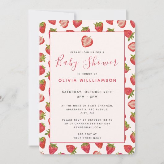 Invitation Baby shower d'été aux fraises (Devant)