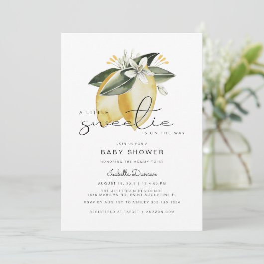 Invitation BABY SHOWER d'été DAHLIA Lemon Citrus Fruit (Debout devant)